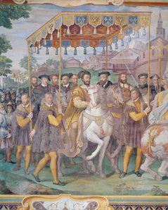 V. Károly császár, I. Ferenc és Alessandro Farnese ünnepélyes beléptetése Párizsba 1540-ben a „Sala dei Fasti Farnese”-ból, 1557-66